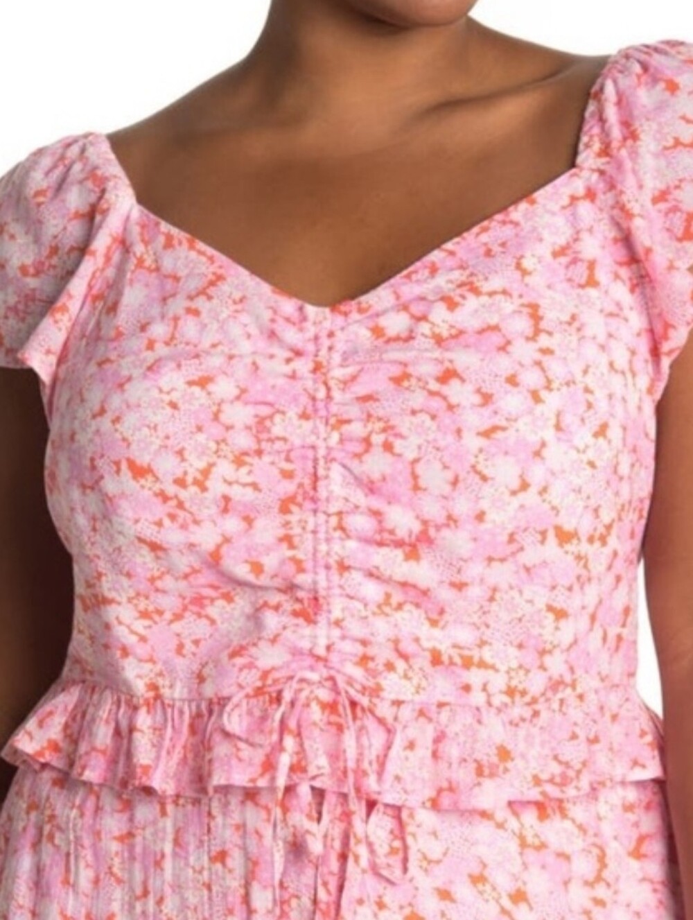 Abound 1X Pink, White & Orange Floral Print Cap Sleeve Cinched Top Ruffled Hem